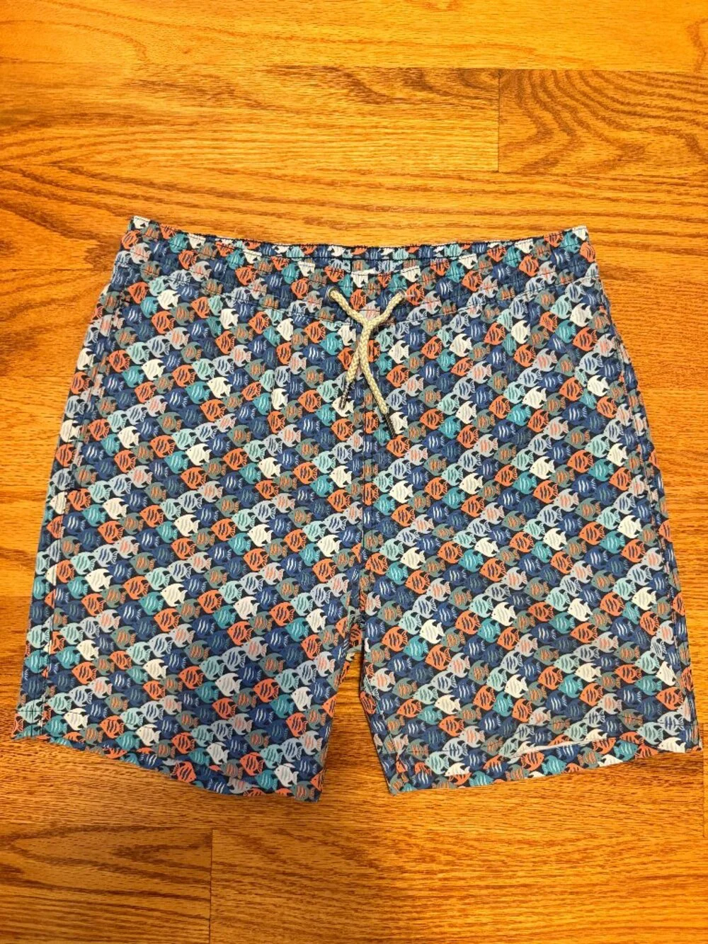 Fair Harbor Boys XL 11/12 Swim Trunks Anti-Chafe Boxer Liner Blue Fish EUC